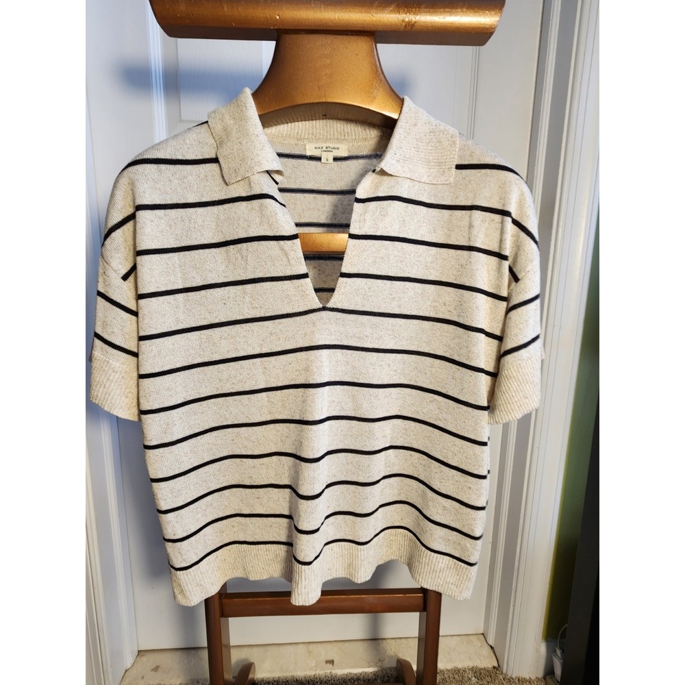 Max Studio Sweater Womens Small Ivory Black Striped Linen Blend Short Sleeve Top